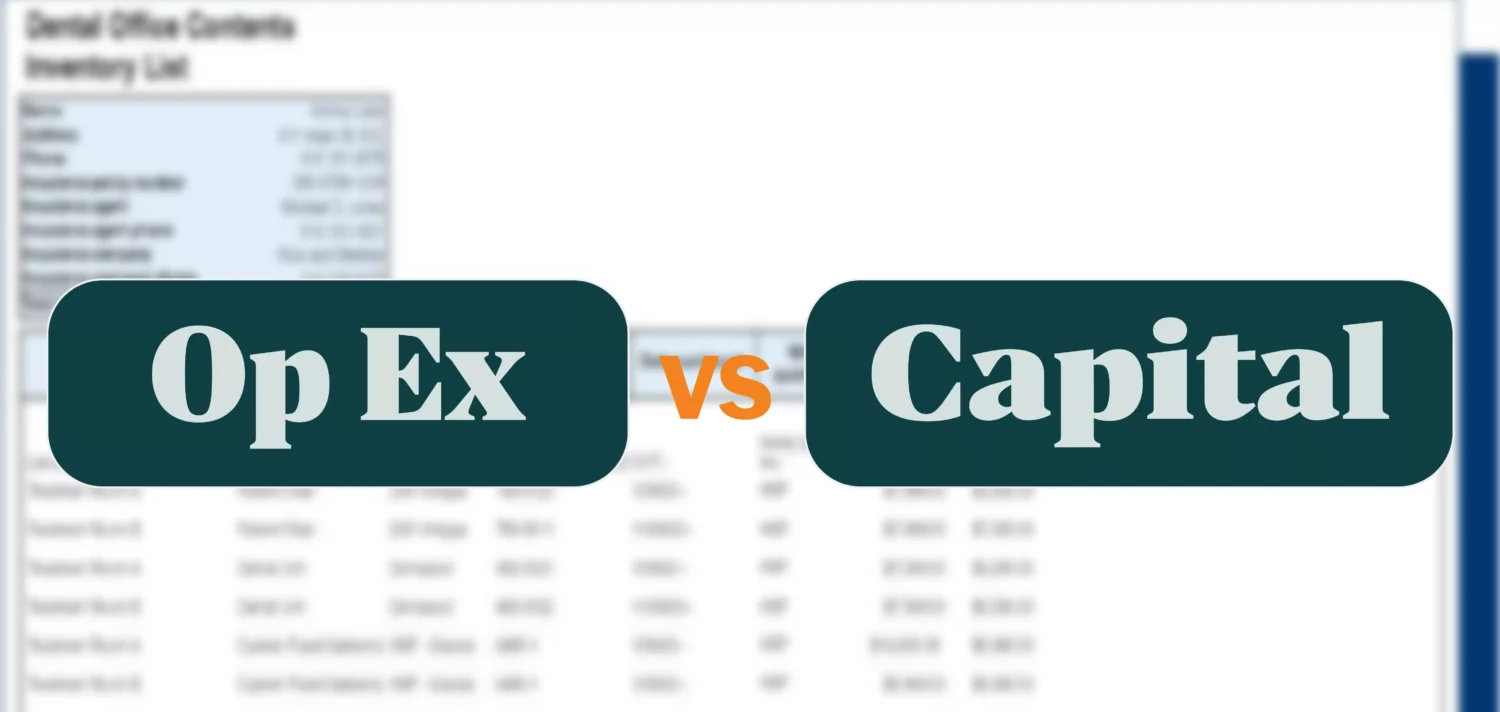 Capital vs op ex dental graphic over blurred dental inventory software dashboard.