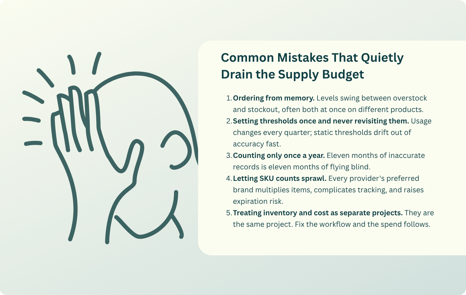 Infographic listing five common dental inventory mistakes that drain the supply budget