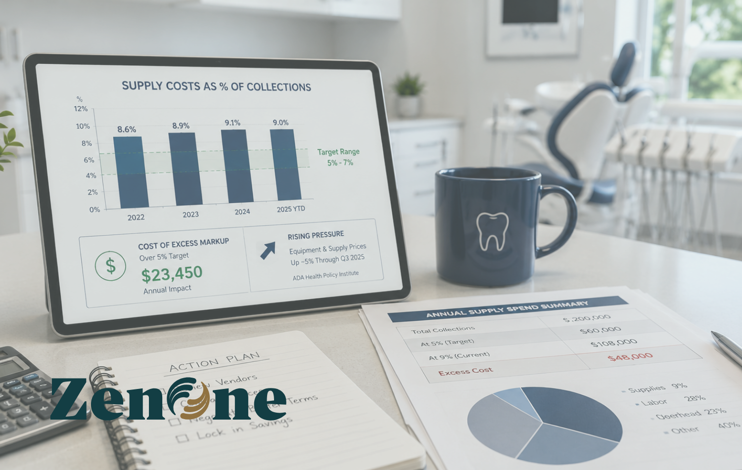 Dashboard showing dental supply costs as a percentage of collections and a $23,450 annual cost of excess markup