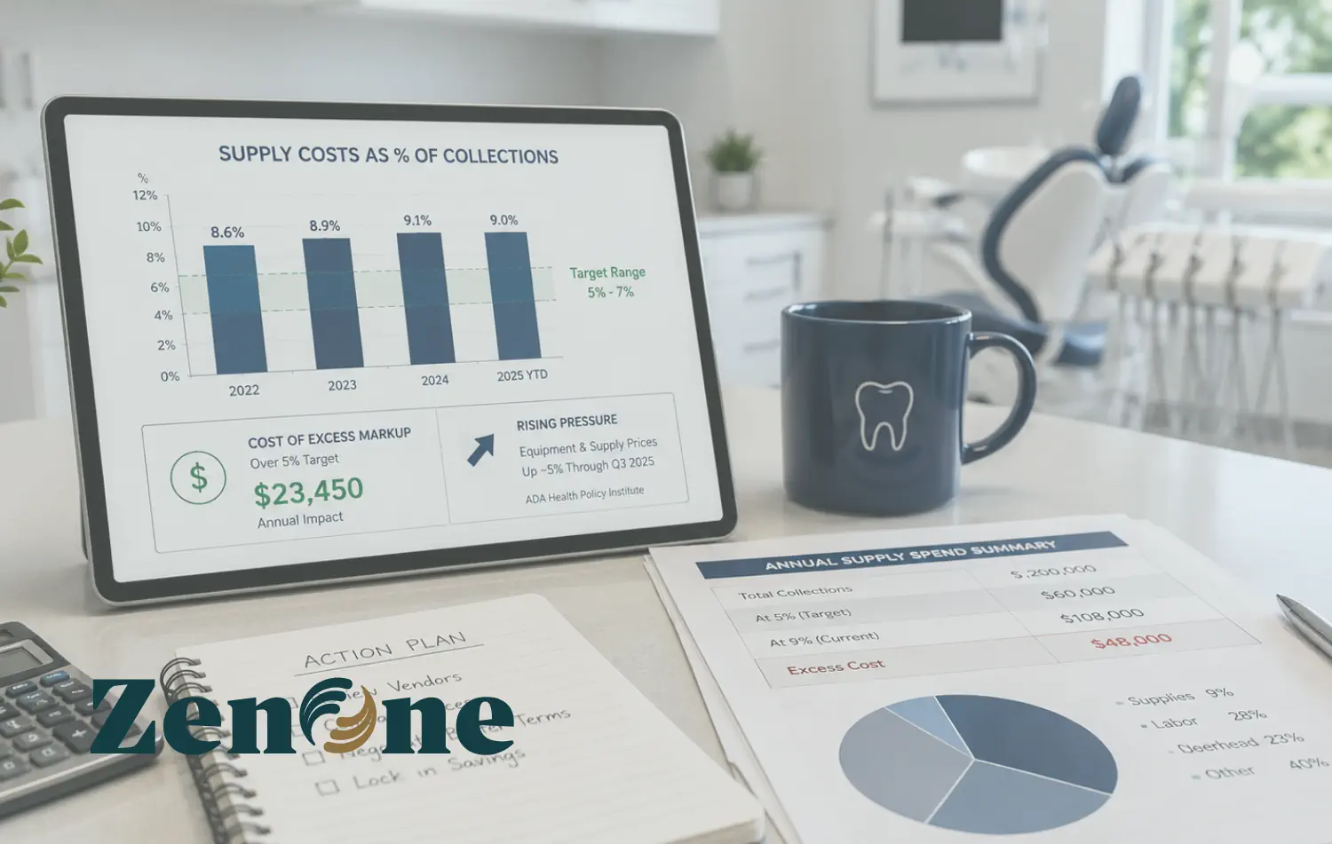Dashboard showing dental supply costs as a percentage of collections and a $23,450 annual cost of excess markup