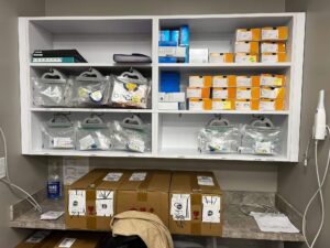 Dental inventory storage with boxes and supplies