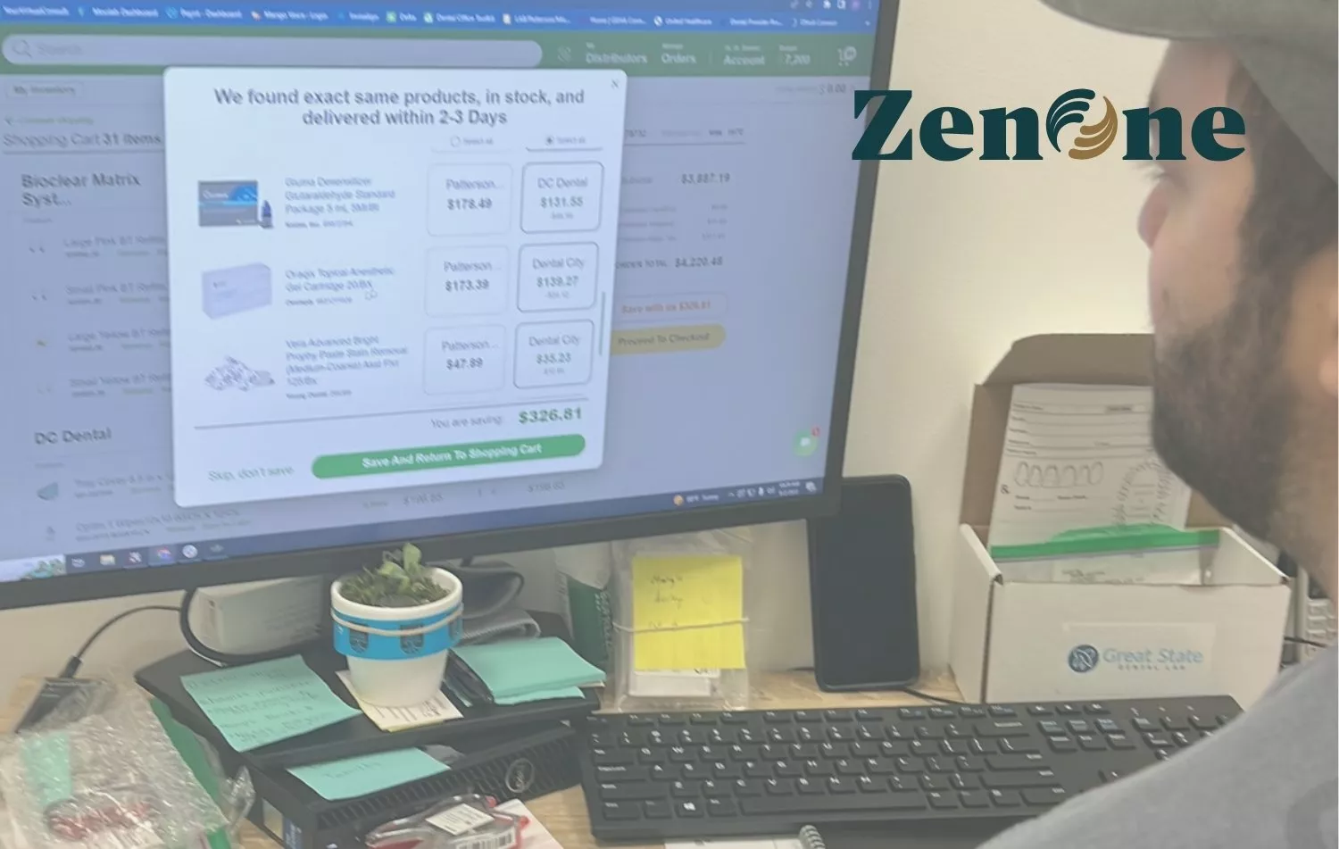 Dental office team member reviewing ZenOne supply ordering software with product price comparisons and savings displayed on a computer screen