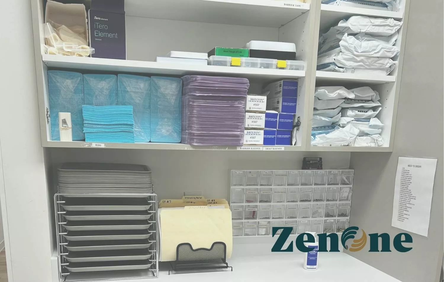 Neatly organized dental supply cabinet with labeled shelves, stacked trays, sterilization pouches, and clinical materials, demonstrating efficient inventory management.