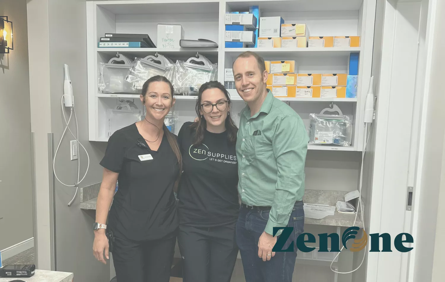 Three dental office staff pose smiling in front if organized dental tools, showing ZenOne's efficacy.