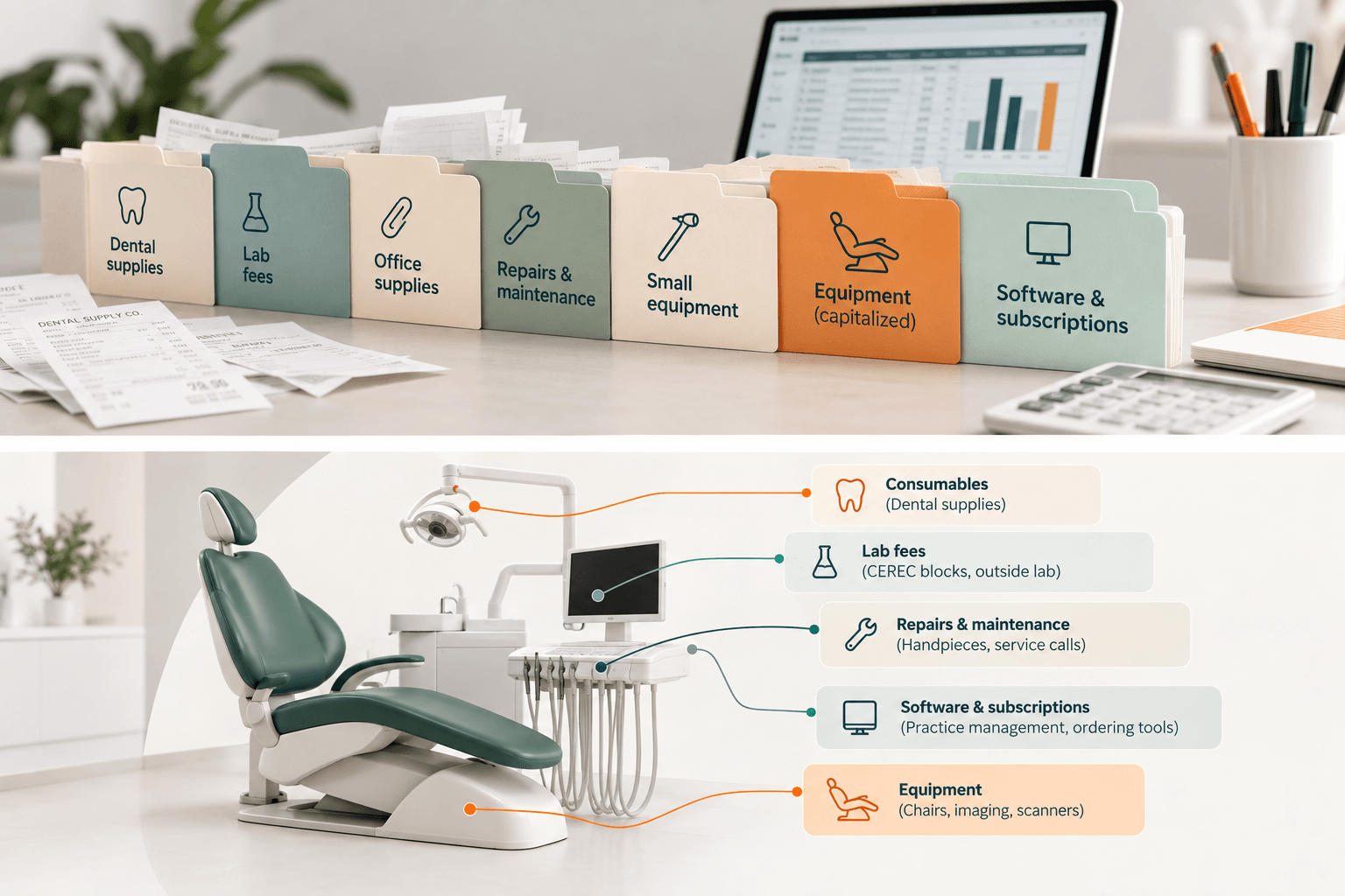 Dental practice purchases and accounting records organized by category, including supplies, repairs, and equipment
