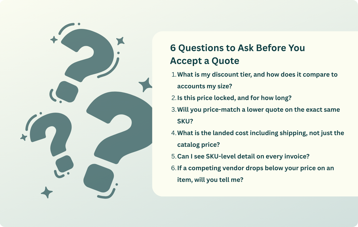 Infographic listing six questions to ask a dental supply vendor before accepting a quote