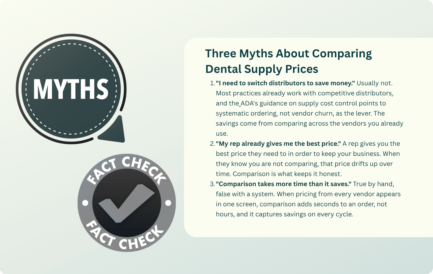 Infographic fact-checking three myths about comparing dental supply prices