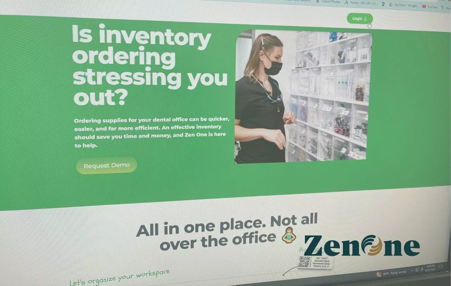 ZenOne dental supply ordering webpage showing inventory organization messaging and a dental staff member managing supplies.